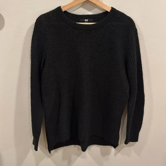 Uniqlo Women’s Wool Blend Crewneck Sweater Black Cosy Knit Pullover Size L - Picture 1 of 5